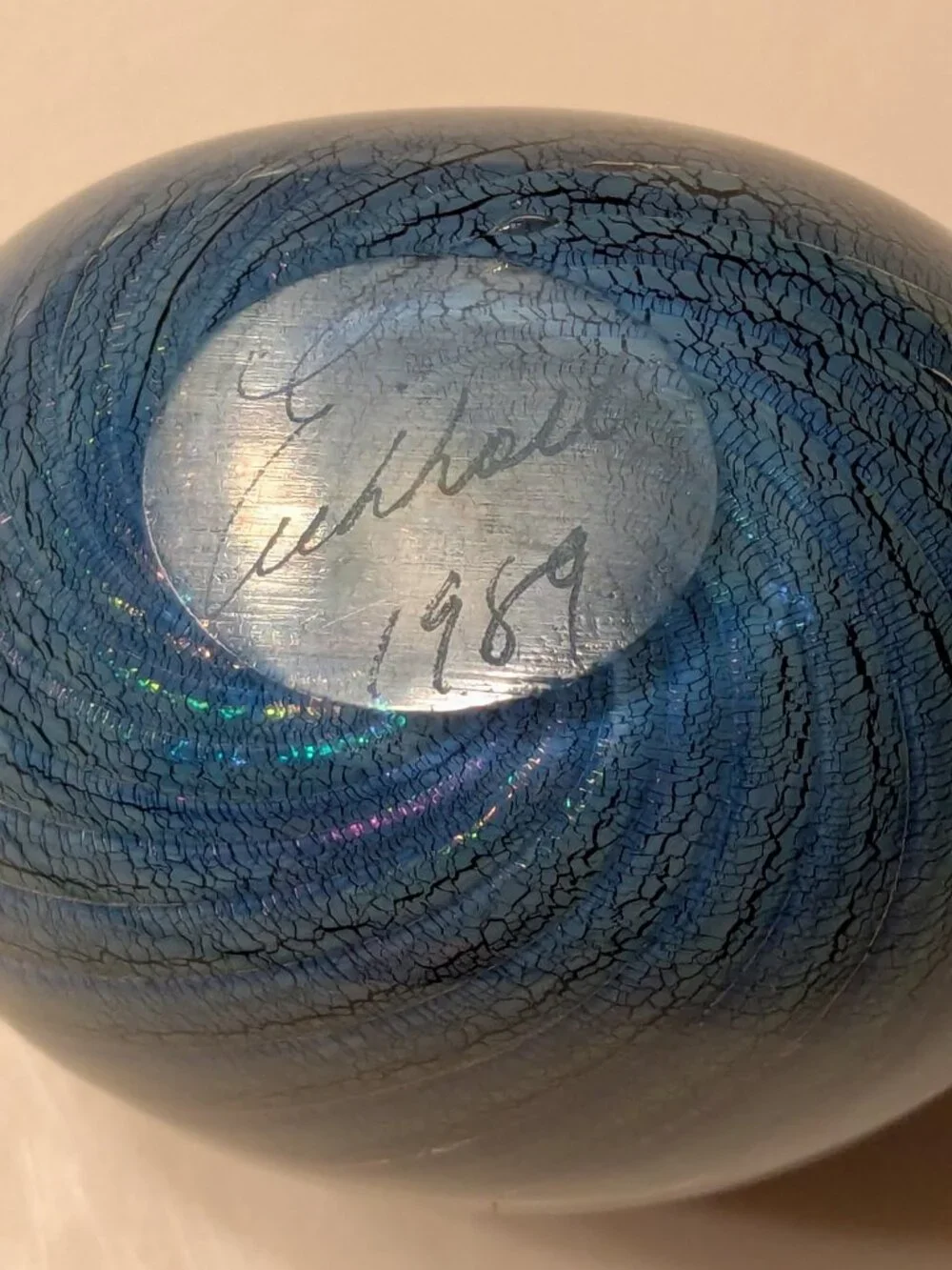 Robert Eickholt Blue Swirled Dichroic Bottle Bud Vase Signed 1989 4.5
